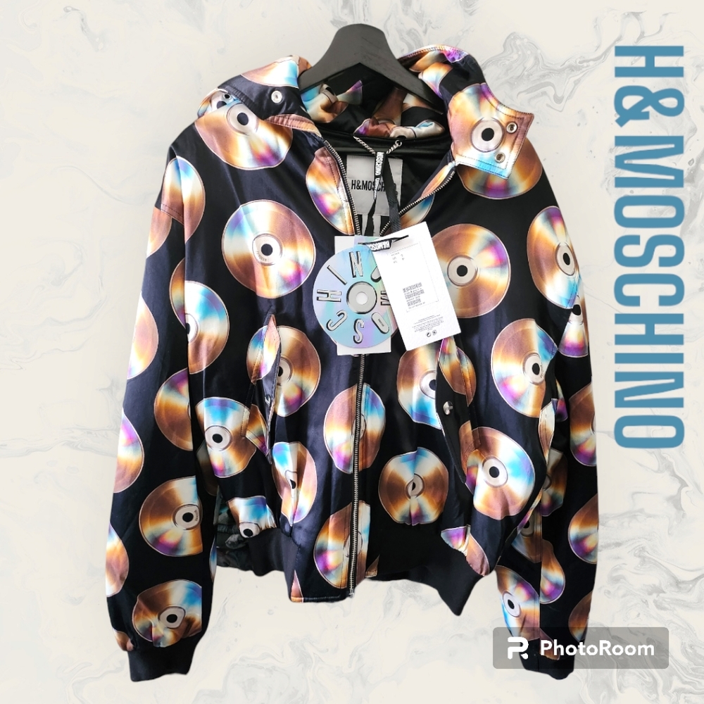 💿💎🆕Moschino X H&M Jeremy Scott CD Satin Bomber Jacket Size S Rare - Picture 1 of 8